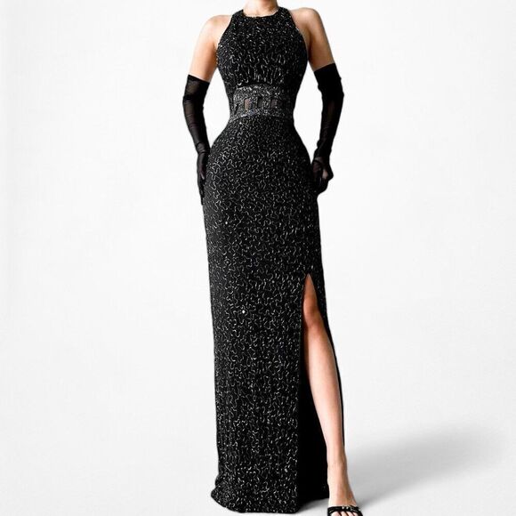 Vintage Black Cutout Beaded Silk Side Slit Maxi Bodycon Formal Dress Size XS/S - Picture 2 of 8